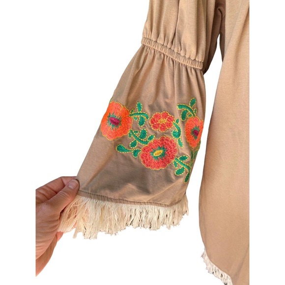 Peasant Top Tunic Mexican Off Shoulder Embroidered Floral Large Bell Sleeve Boho - Picture 2 of 4